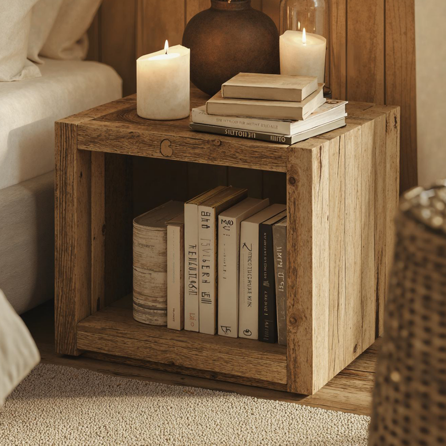 Natural Wooden Standing Nightstand With Open Storage