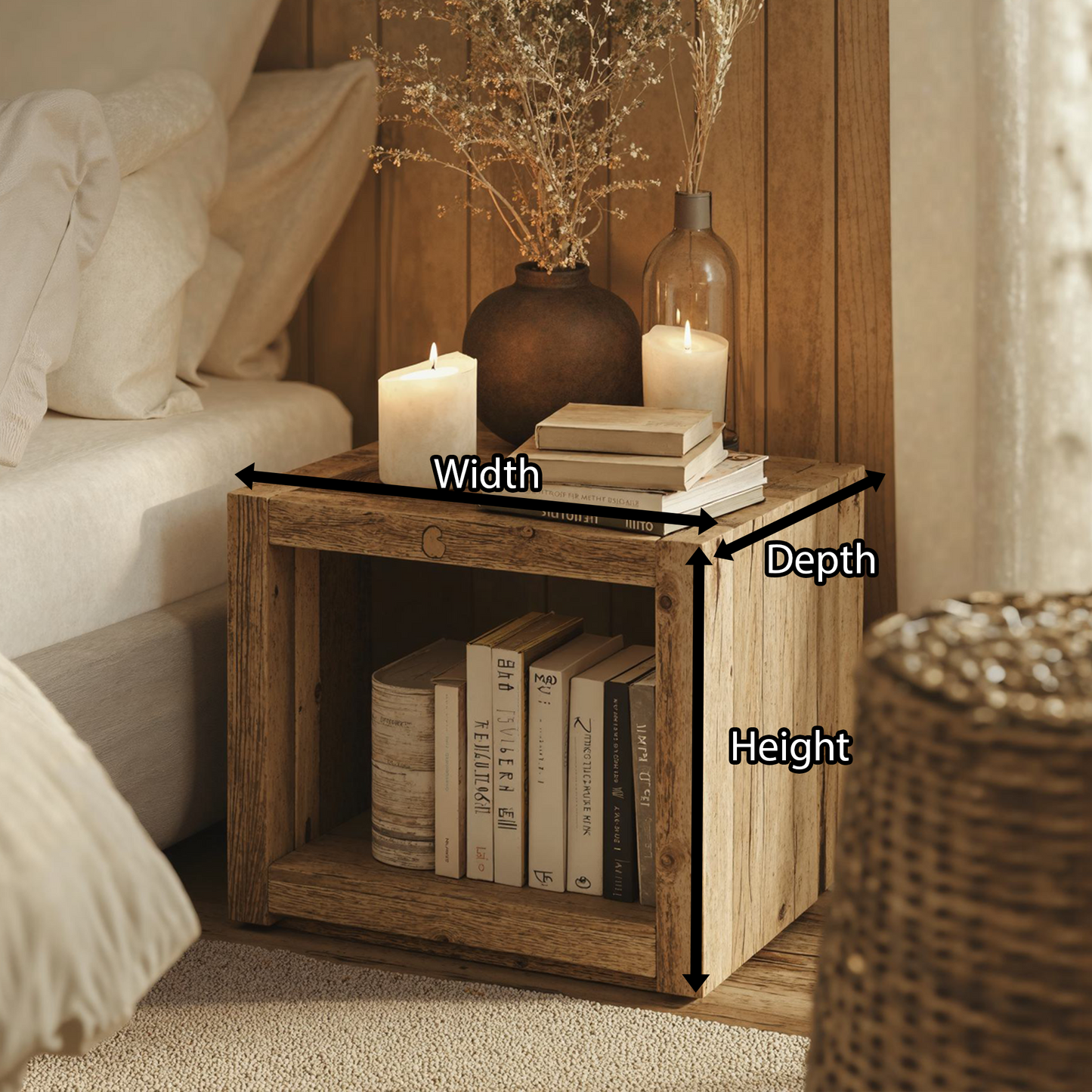 Natural Wooden Standing Nightstand With Open Storage