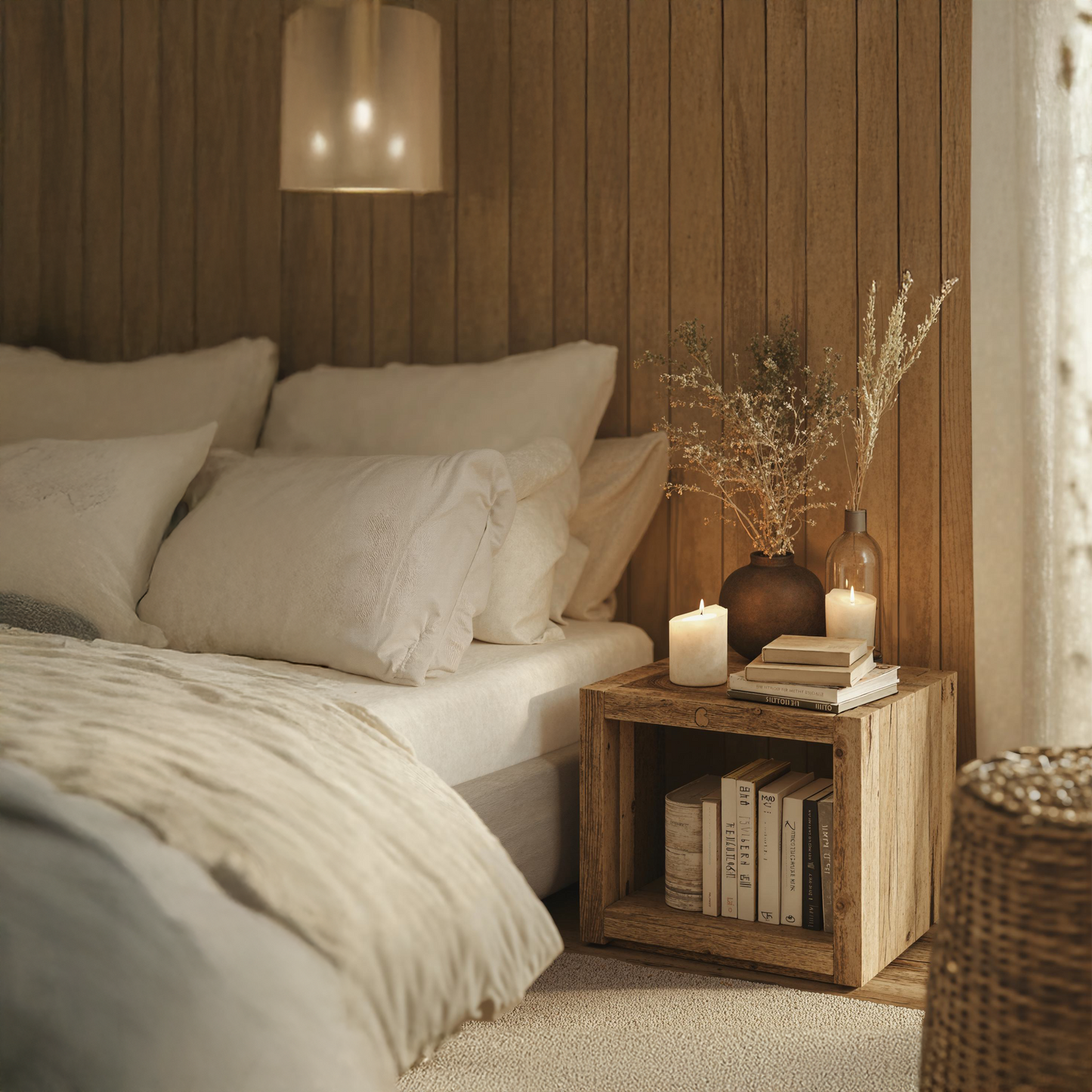 Natural Wooden Standing Nightstand With Open Storage