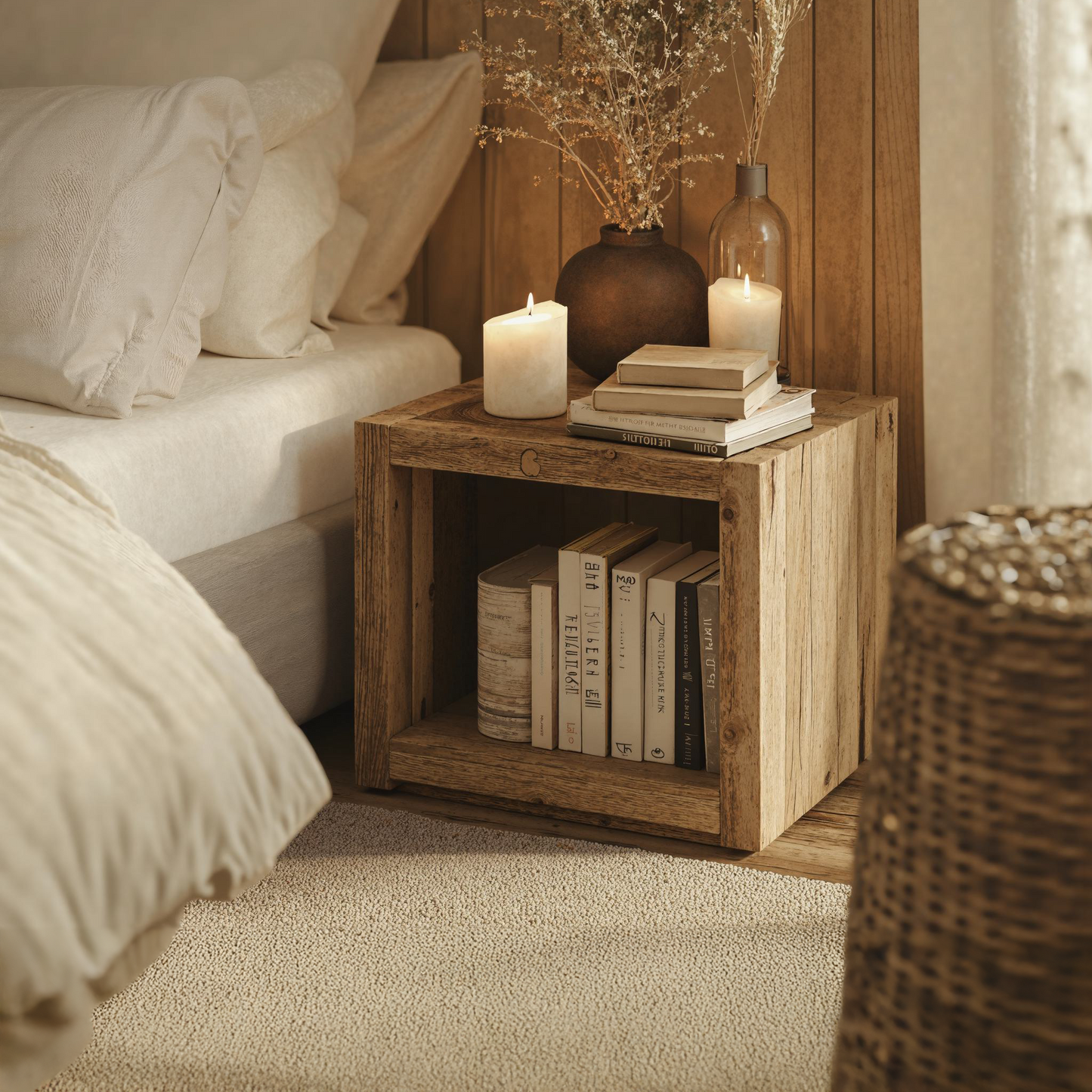 Natural Wooden Standing Nightstand With Open Storage